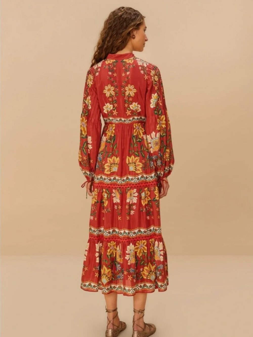 FARM RIO Red Garden Delight Long Sleeve Midi Dress - Picture 2 of 4